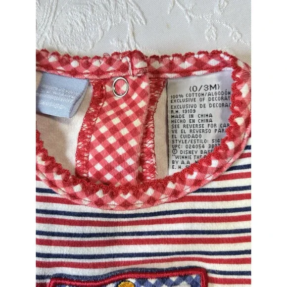 Disney Winnie the Pooh Vintage Baby Romper Red White Striped Gingham 0-3M